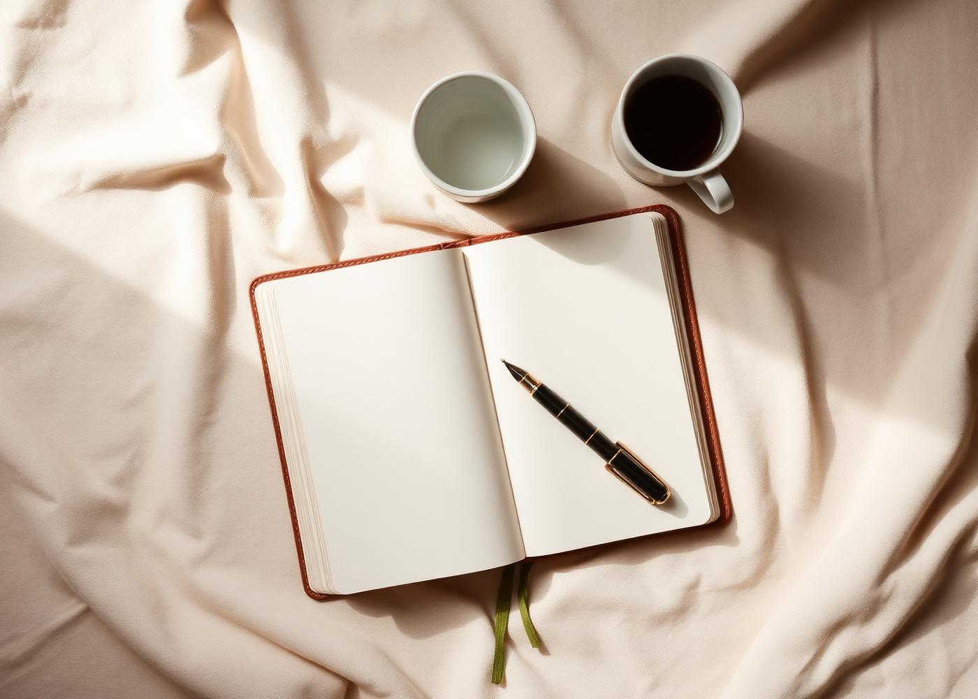 A leather notebook and coffee on warm linen
